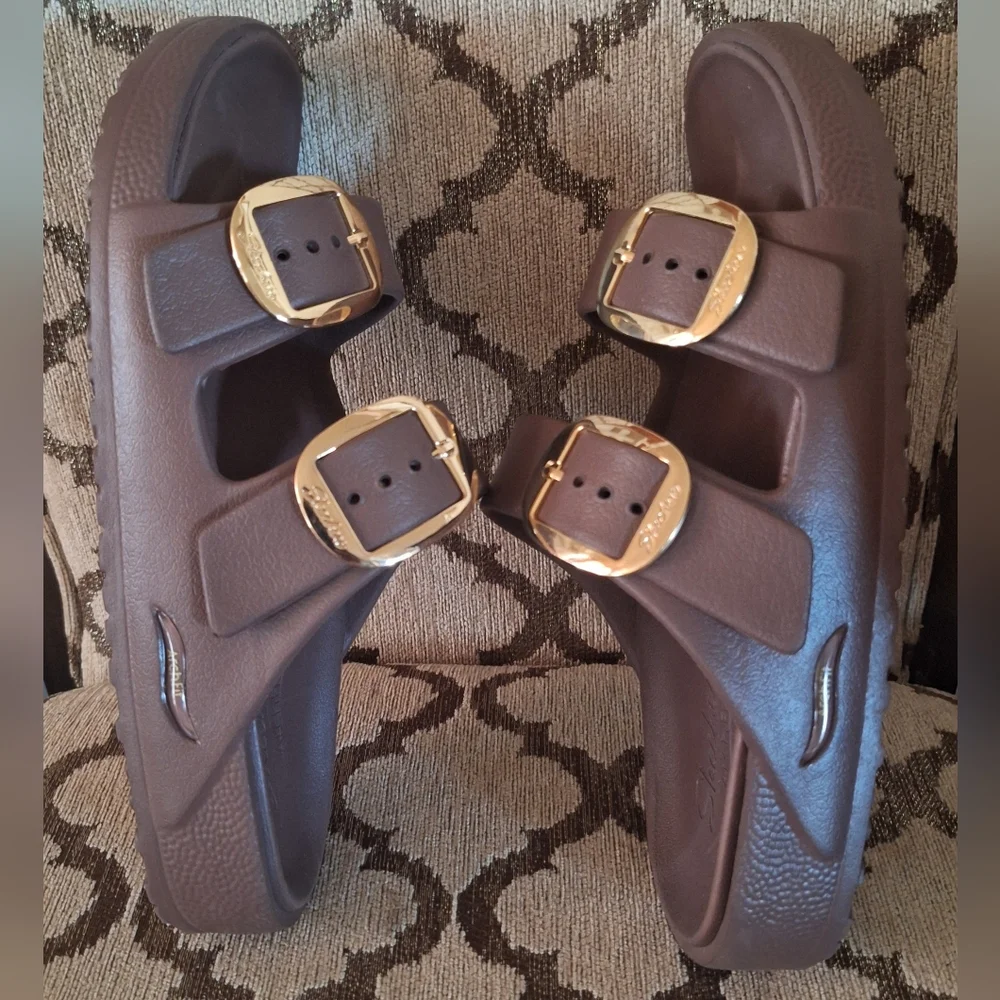 Skechers Brown Plum Slide Sandals with Gold Buckles Arch Fit Cali Breeze Size 8 - Picture 5 of 9